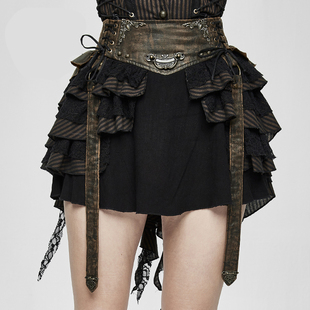 蒸汽朋克女装棕色条纹半身裙短裙高腰a字裙性感蕾丝绑带腰封裙子