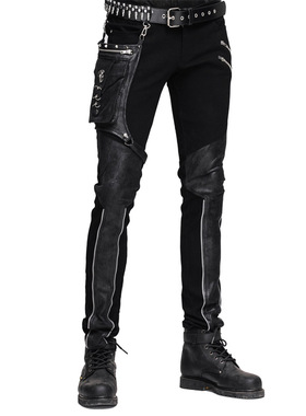 街头朋克摇滚风休闲裤男个性英伦拼接齿轮拉链皮裤黑色修身长裤子