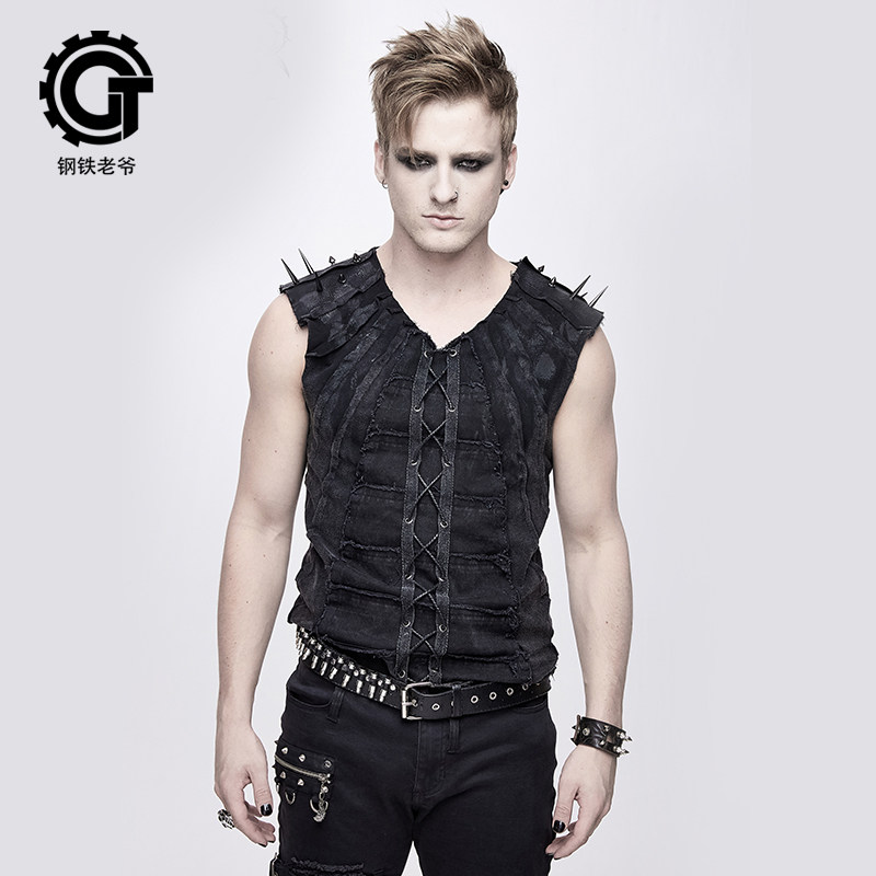 钢铁老爷2021年春秋新款复古朋克男装马甲背心v领做旧个性上衣男