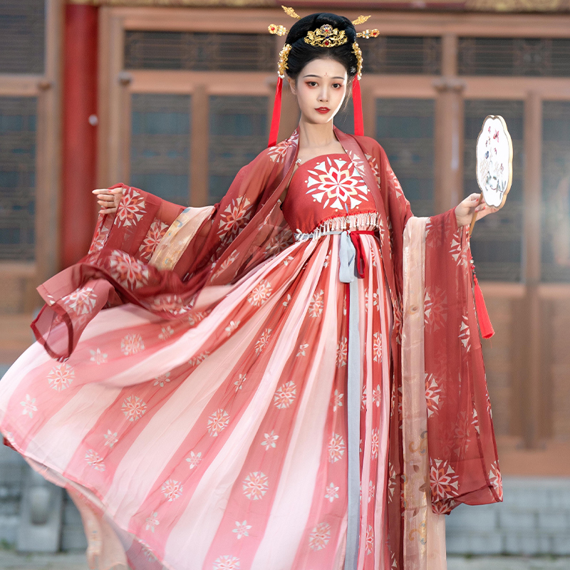 初遇原创汉服新品中国风古装印花诃子裙大袖衫超低价仙女装