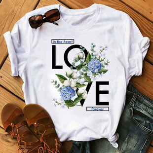 shirt夏季 Geometric 新款 字母几何花朵印花女T恤 Flower Letter