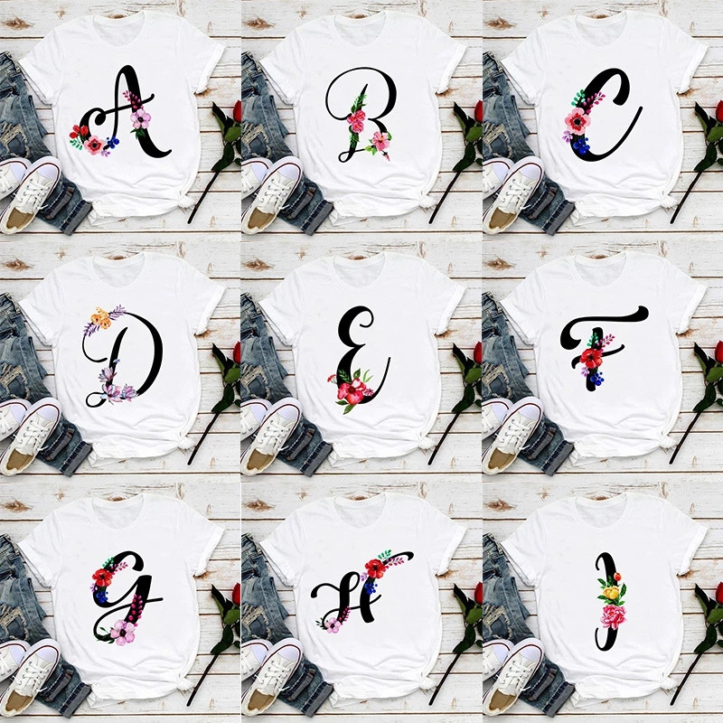 26 letter floral tshirt 26英文大写字母鲜花印花女士t恤上衣