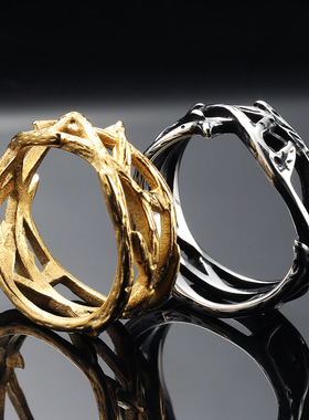 ins小众设计欧美复古荆棘树枝皇冠元素钛钢戒指 个性手饰男女同款