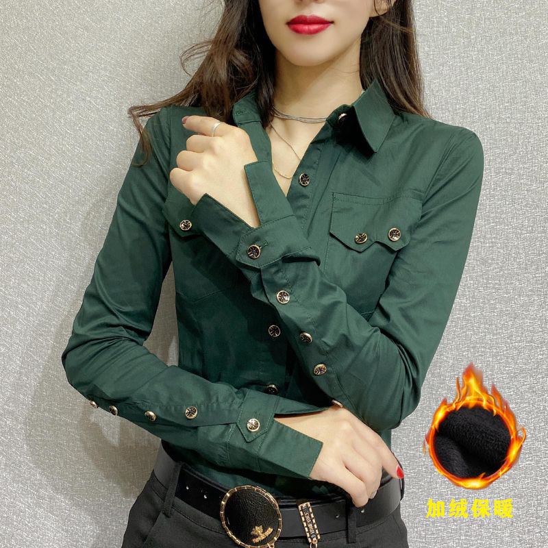 洋气衬衫女加绒加厚长袖秋冬2026新款韩版修身显瘦衬衣百搭上衣潮