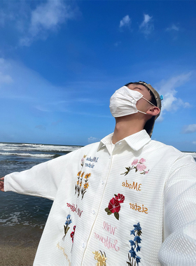 TWORED 美式复古华夫格花卉长袖衬衫男宽松慵懒情侣百搭衬衣外套