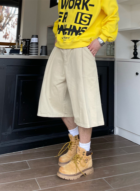 TWORED复古工装cleanfit立体裁剪褶饰阔腿过膝短裤垂感直筒七分裤