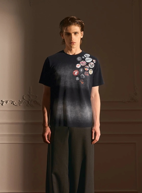 TWORED美式吊染做旧徽章复古短袖T恤男女美式宽松重磅情侣半袖