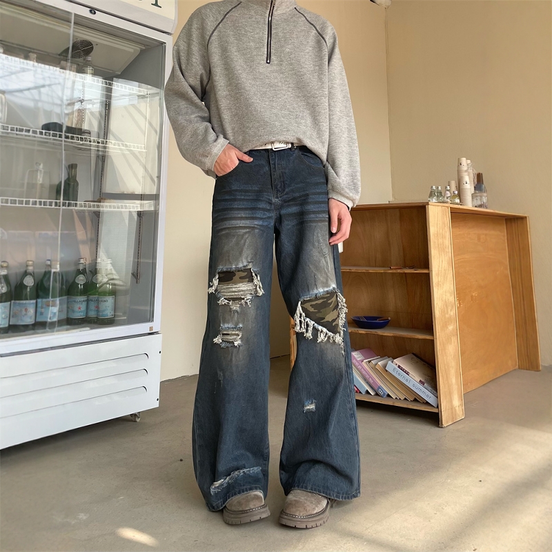 TWORED美式复古水洗做旧补丁破洞迷彩牛仔裤男慵懒休闲直筒裤子