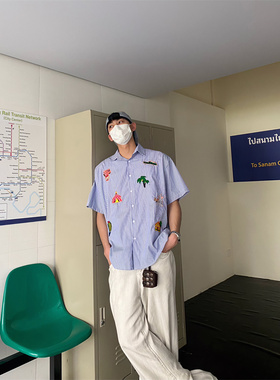 TWORED美式复古趣味卡通刺绣短袖衬衫男设计感宽松情侣夏季衬衣