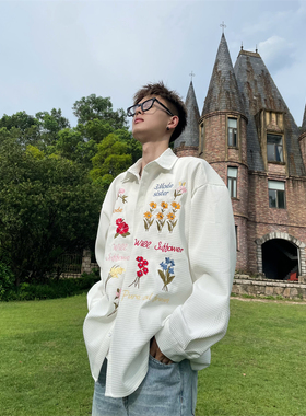 TWORED 花卉华夫格美式复古长袖衬衫男防晒慵懒情侣百搭衬衣外套