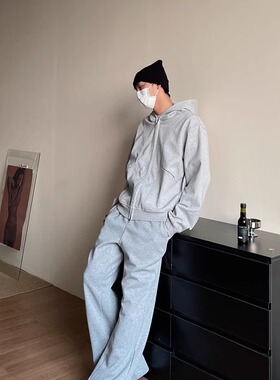 TWORED美式cleanfit设计感解构双拉链开衫卫衣男重磅短款连帽外套