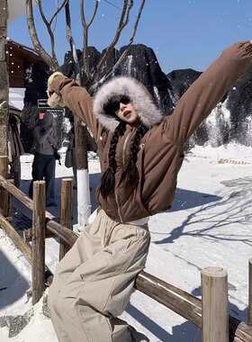 TWORED 冬季美式毛领连帽棉服外套男女设计感百搭派克服棉衣潮