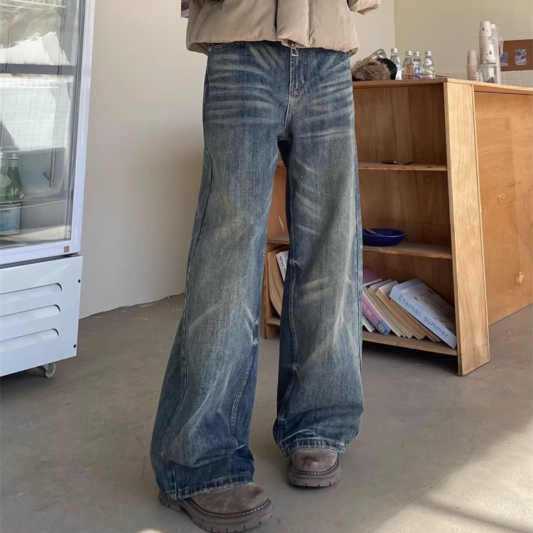 TWORED美式复古水洗做旧猫须阔腿弯刀牛仔裤男女新款小众通勤长裤