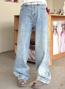 TWORED 美式复古蓝色直筒牛仔裤男女水洗cleanfit阔腿休闲长裤