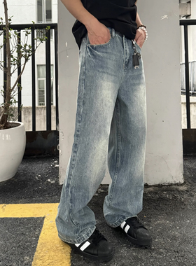 TWORED美式闪电纹复古vintag男女宽松直筒阔腿cleanfit拖地牛仔裤
