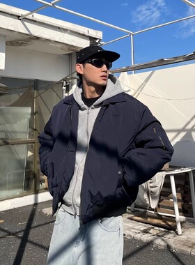 TWORED 美式复古bomber翻领蓝色飞行夹克棉服ma1短款外套男秋冬