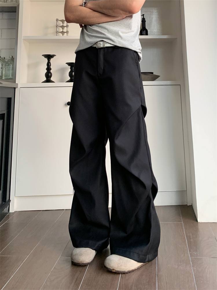 TWORED美式小众褶皱拖地微喇休闲裤高级感宽松直筒垂感黑色西裤男