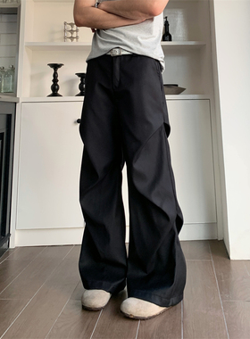 TWORED美式小众褶皱拖地微喇休闲裤高级感宽松直筒垂感黑色西裤男