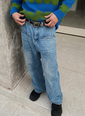 TWORED 春秋男女新款宽松直筒牛仔裤韩版潮复古垂感蓝色阔腿裤子