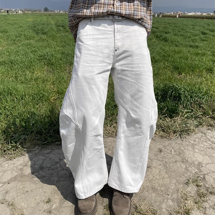 TWORED 美式复古白色弯刀牛仔裤男女宽松阔腿直筒cleanfit拖地裤