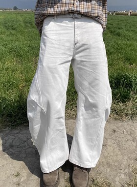 TWORED 美式复古白色弯刀牛仔裤男女宽松阔腿直筒cleanfit拖地裤