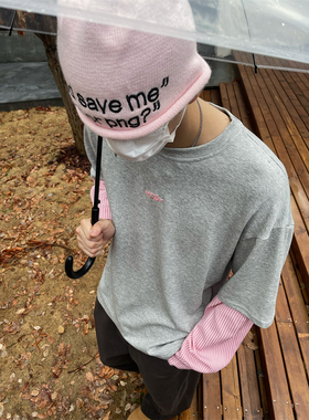 TWORED 美式复古撞色拼接假两件长袖T恤男女宽松休闲百搭套头衫