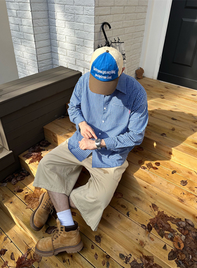 TWORED 美式复古撞色刺绣格子长袖衬衫男女夏季设计感格纹外套潮