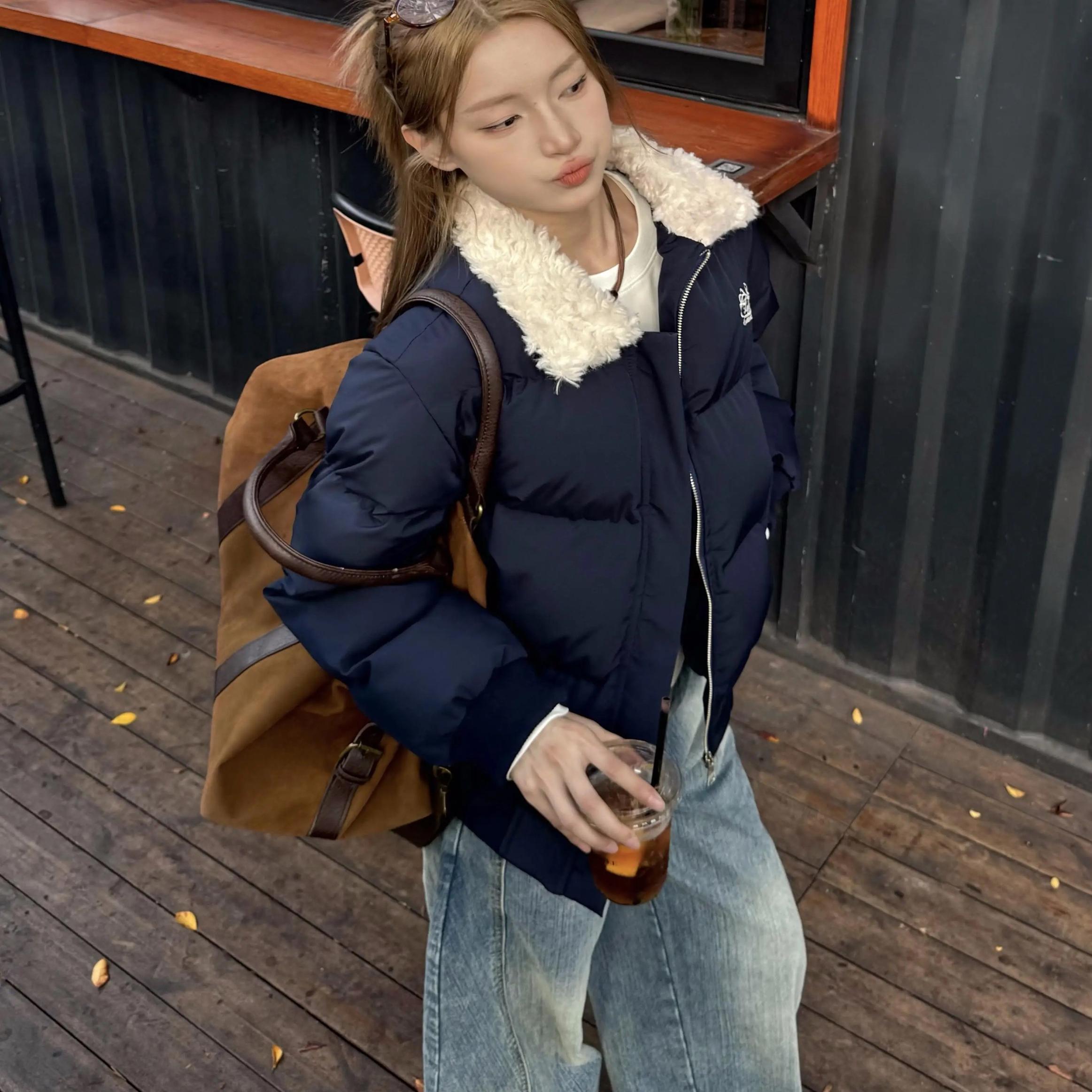 TWORED 设计感原创羊羔毛领短款棉服女冬季美式复古休闲保暖棉衣