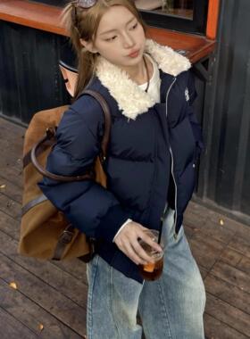 TWORED 设计感原创羊羔毛领短款棉服女冬季美式复古休闲保暖棉衣