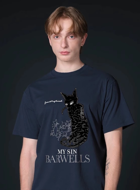 TWORED 夏季美式毛巾绣猫咪短袖T恤男ins潮牌宽松上衣体恤情侣潮