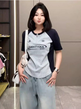 撞色拼接短袖t恤女夏季正肩上衣
