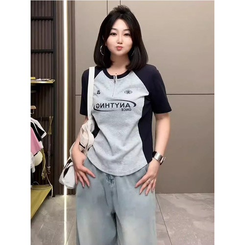 撞色拼接短袖t恤女夏季正肩上衣