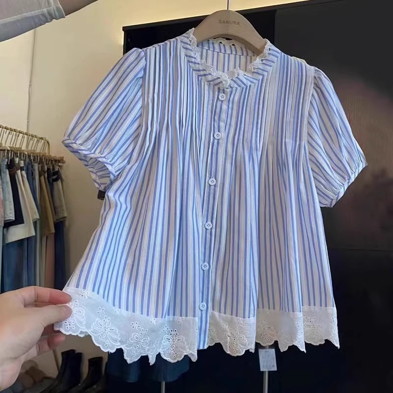 大码欧货重工短袖衬衫女条纹上衣