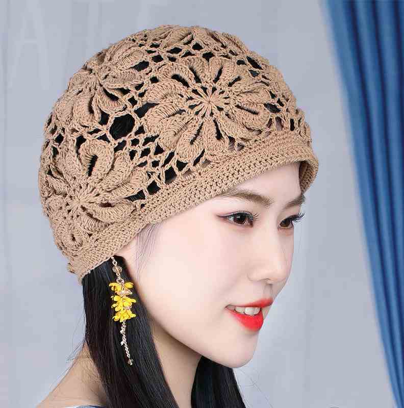 手工编织钩花帽子秋冬优雅女士毛线帽洋气百搭镂空花朵包头帽时尚