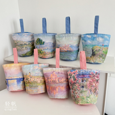 莫奈油画帆布袋小容量水杯包复古文艺便携遛弯包手拎包logo定制
