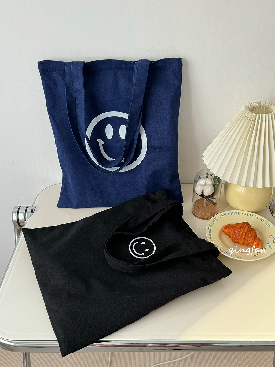 原创自制拉链款笑脸ins简约纯色单肩帆布休闲文艺学生书包购物袋