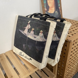 莫奈油画无拉链帆布包单肩购物袋托特包书包自习包企业礼品袋定制