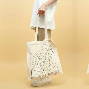 轻帆布袋韩国chic风ins新品 纯白手绘雏菊拉链学院风单肩女生大包