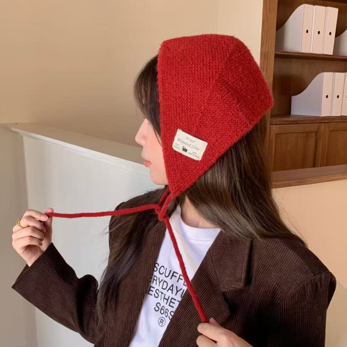 冬季韩系贴布标针织护耳保暖耳套百搭甜美耳罩女系带毛线耳暖新