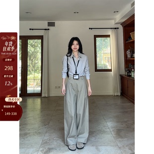 郭九九呢 100%棉简约休闲显瘦条纹衬衫早秋上衣直筒阔腿长裤女