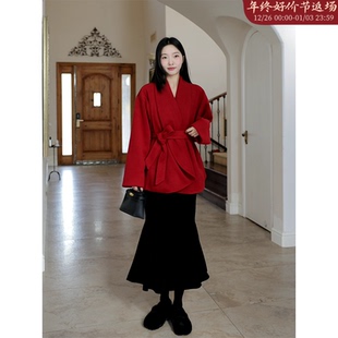 郭九九呢 百搭丝绒鱼尾裙半裙 复古赫本风宽松系带毛呢外套女冬季
