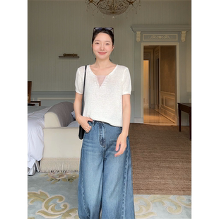 郭九九呢 天丝亚麻简约显瘦针织短袖 夏季 百搭上衣高腰直筒阔腿裤