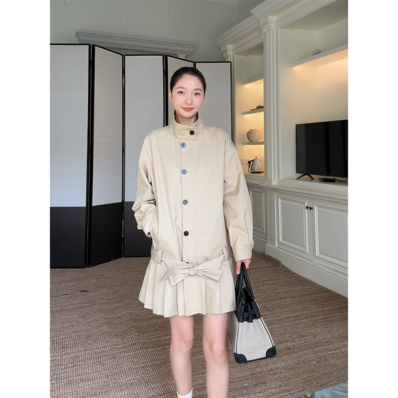 郭九九呢 棉质韩系立领落肩宽松风衣式连衣裙(含腰带）秋季裙子