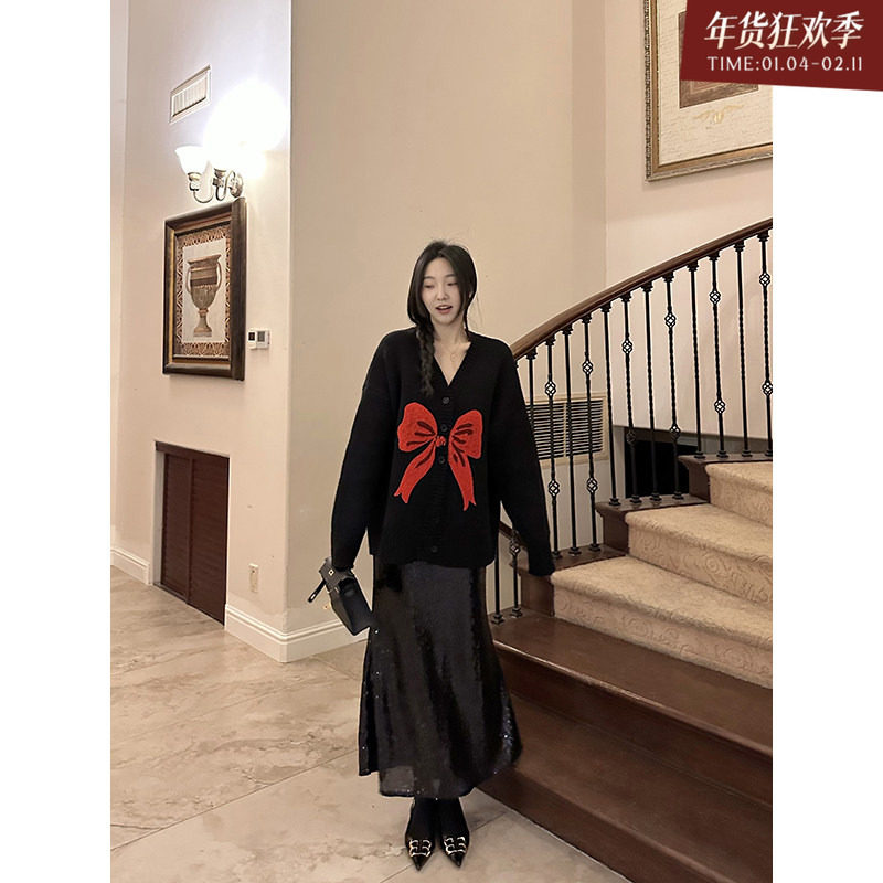 郭九九呢 小众气质套装冬季蝴蝶结加厚百搭毛衣外套亮片裙鱼尾裙,女装/女士精品,时尚套装,淘宝优惠券,粉丝福利购,淘宝优惠卷