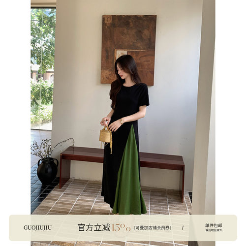 郭九九呢 法式气质通勤设计感撞色拼接褶皱显瘦西装连衣裙长裙夏