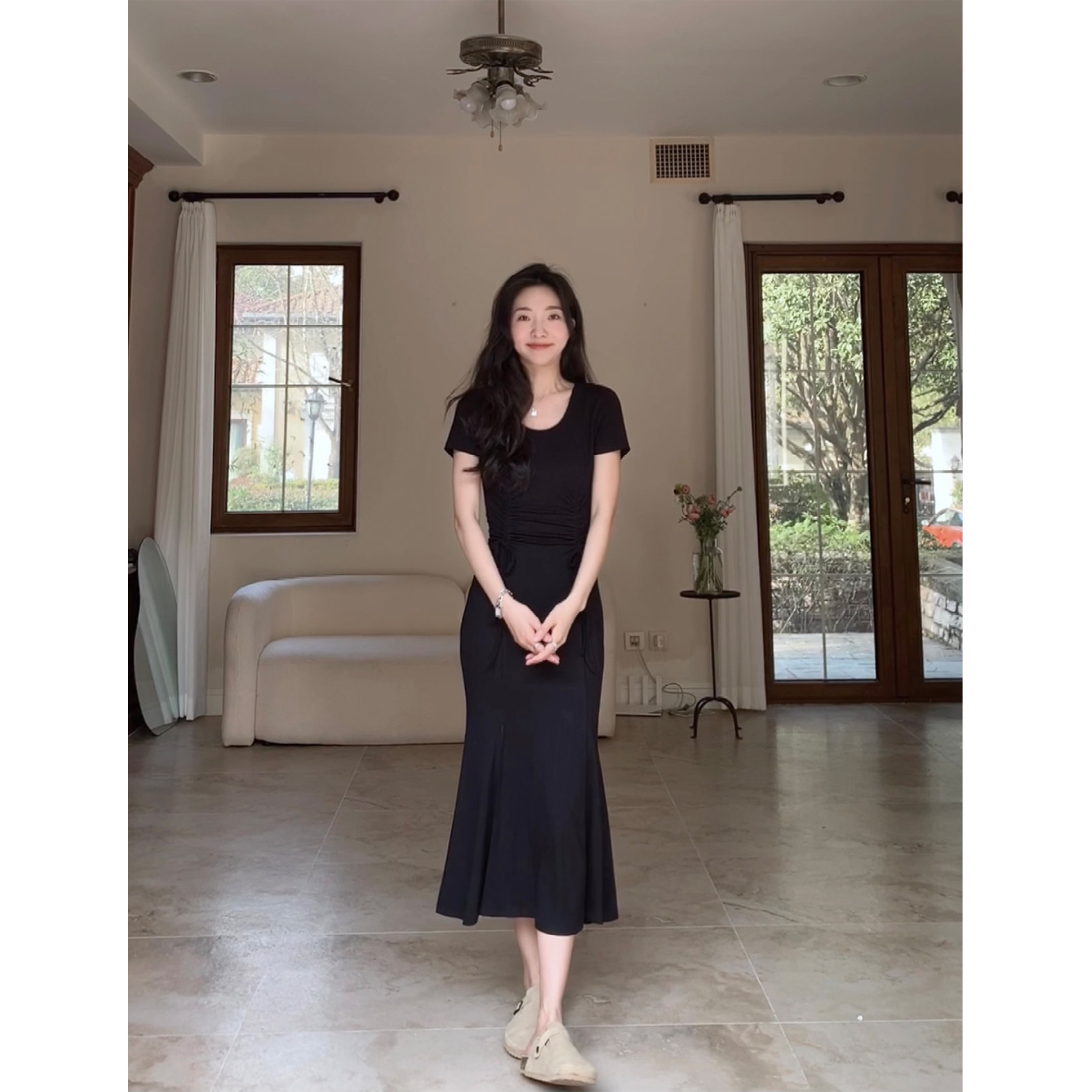 【郭九九呢】 U领开衩鱼尾连衣裙女夏抽绳气质长裙韩版西装外套