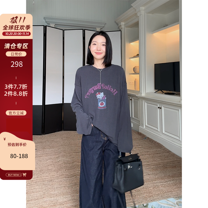 郭九九呢 棉卡通字母印花宽松百搭休闲T恤早秋百搭上衣阔腿牛仔裤