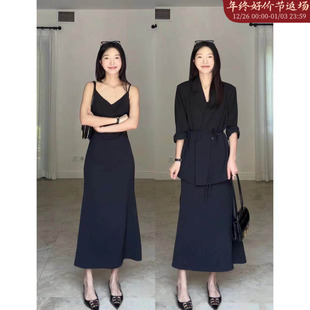 外套含腰绳 百搭西装 郭九九呢 气质优雅高级V领显瘦吊带小黑裙夏季