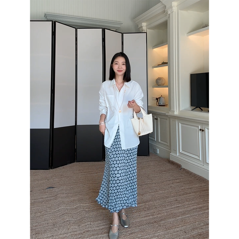 郭九九呢 100%棉简约百搭宽松显瘦衬衫早秋上衣压皱花色半身裙