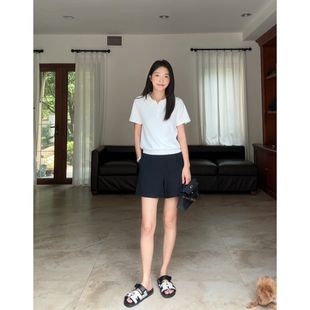 郭九九呢 亚麻棉肌理感显瘦百搭短裤女夏季休闲百搭Polo衫上衣t恤